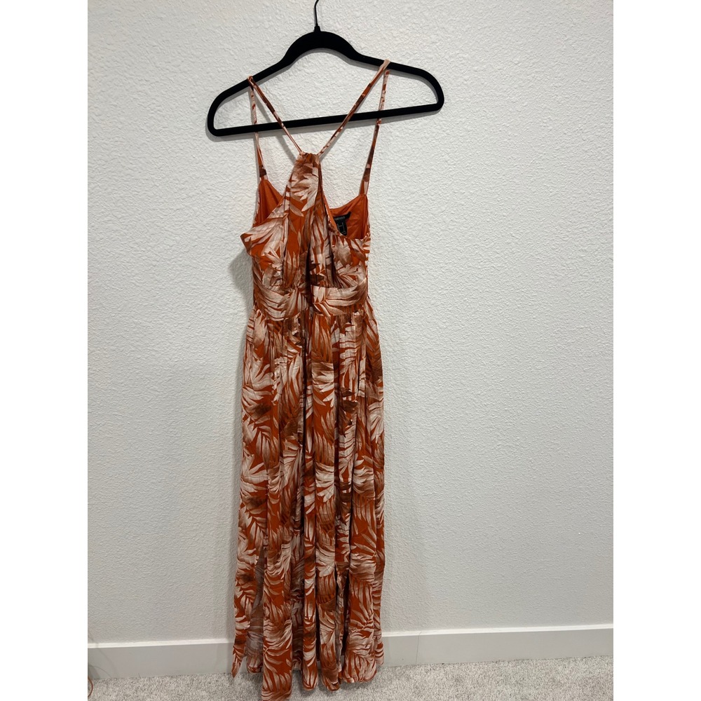 Forever 21 Tropical Palm Leaf Halter Maxi Dress Rust Orange Small